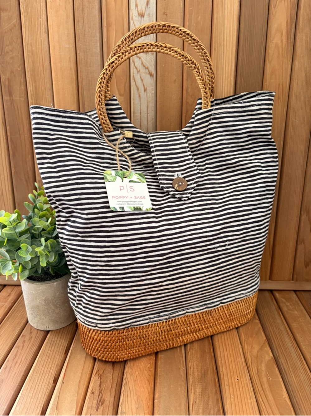 Coastal Minimalist Market Bag, Structured Rattan & Striped Tote by Poppy + Sage